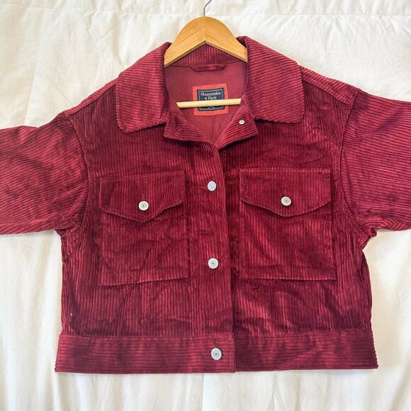Abercrombie & Fitch Red Corduroy Cropped Trucker Jacket Women’s M - Picture 3 of 9